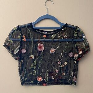 Black sheer floral embroidered crop top